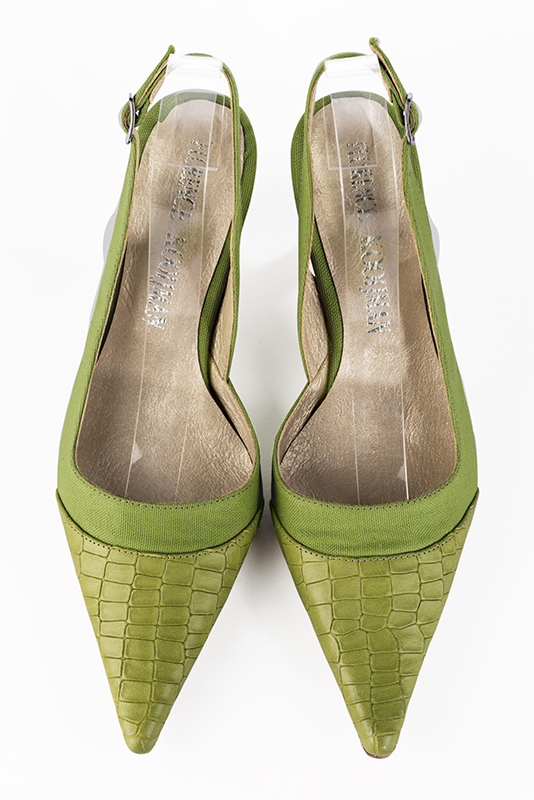 Pistachio green women's slingback shoes. Pointed toe. Medium spool heels. Top view - Florence KOOIJMAN